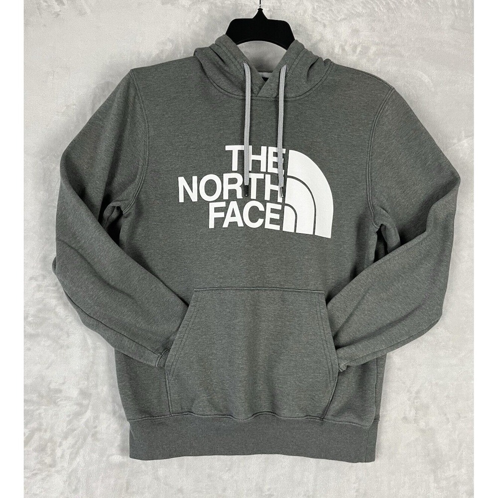 NORTH FACE Hoodie Men Small Gray Fleece Pocket Half Dome Graphic Pullover Hiking